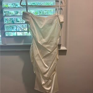 Betsy & Adam Cream Asymmetrical Ruched Midi Dress